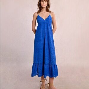 Molly Bracken Royal Blue Eyelet Midi Dress XS Tie Back Halter